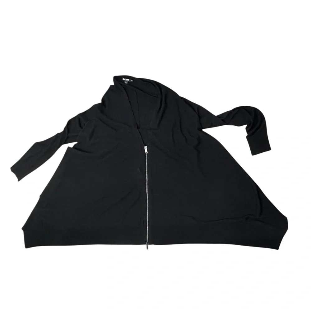 DKNY BLACK SILK CASHMERE HIGH LOW V NECK ZIP FRONT CARDIGAN COZY